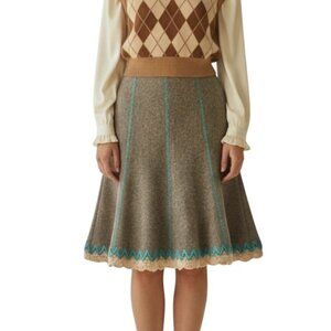 Tibi Embroidered Tweed Mid Skirt Sz S Tan Wool Blend A-Line Retro Cottage Twee